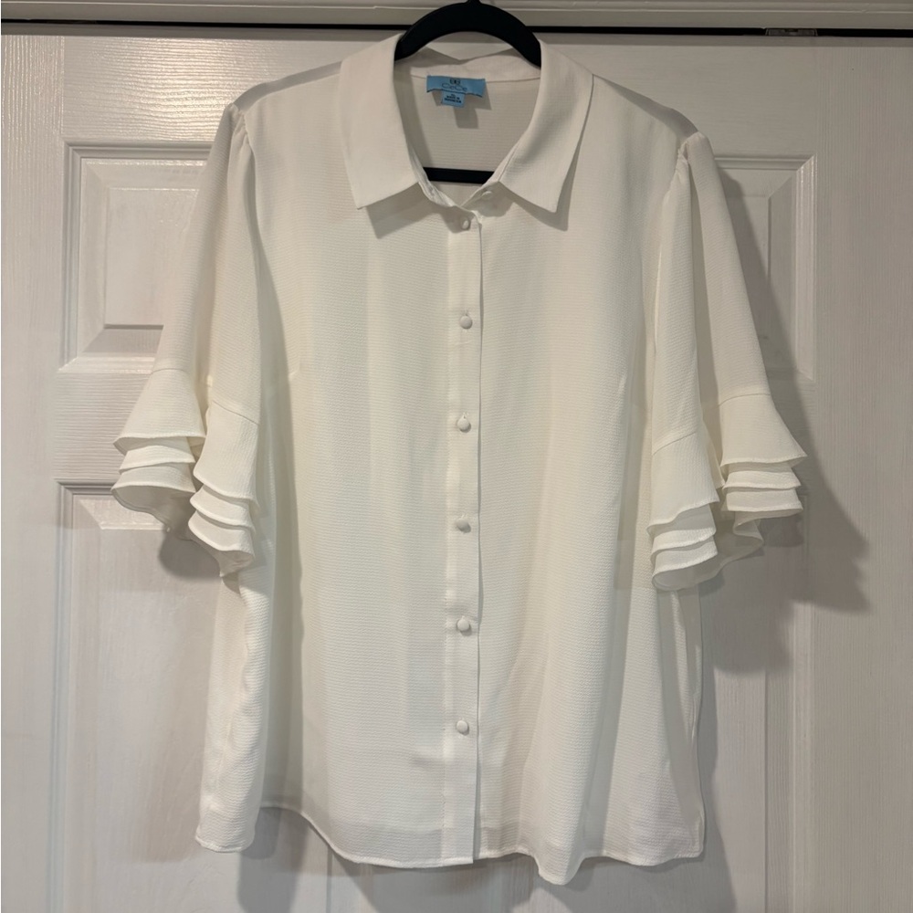 CeCe Ivory Button-Down with Ruffle Sleeves
